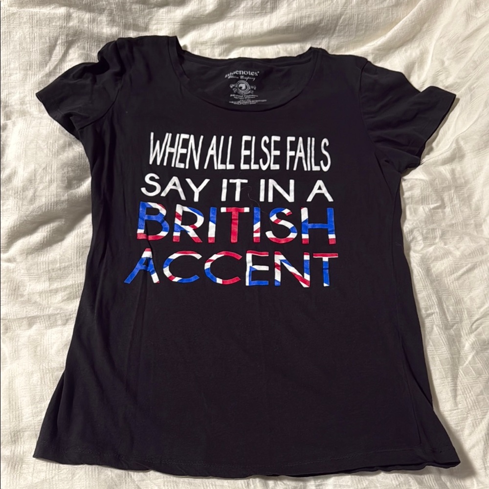Bluenotes Black Graphic T-Shirt with British Accent Text XL